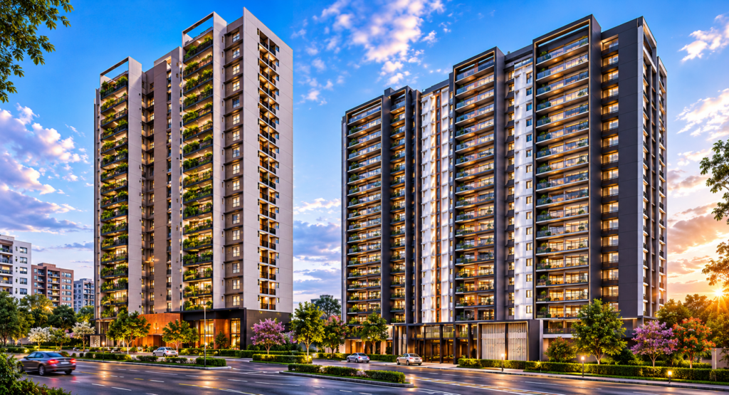 Evexia Group for premium 2 & 3 BHK homes at Moshi Y Junction on Alandi-Moshi BRT Road.